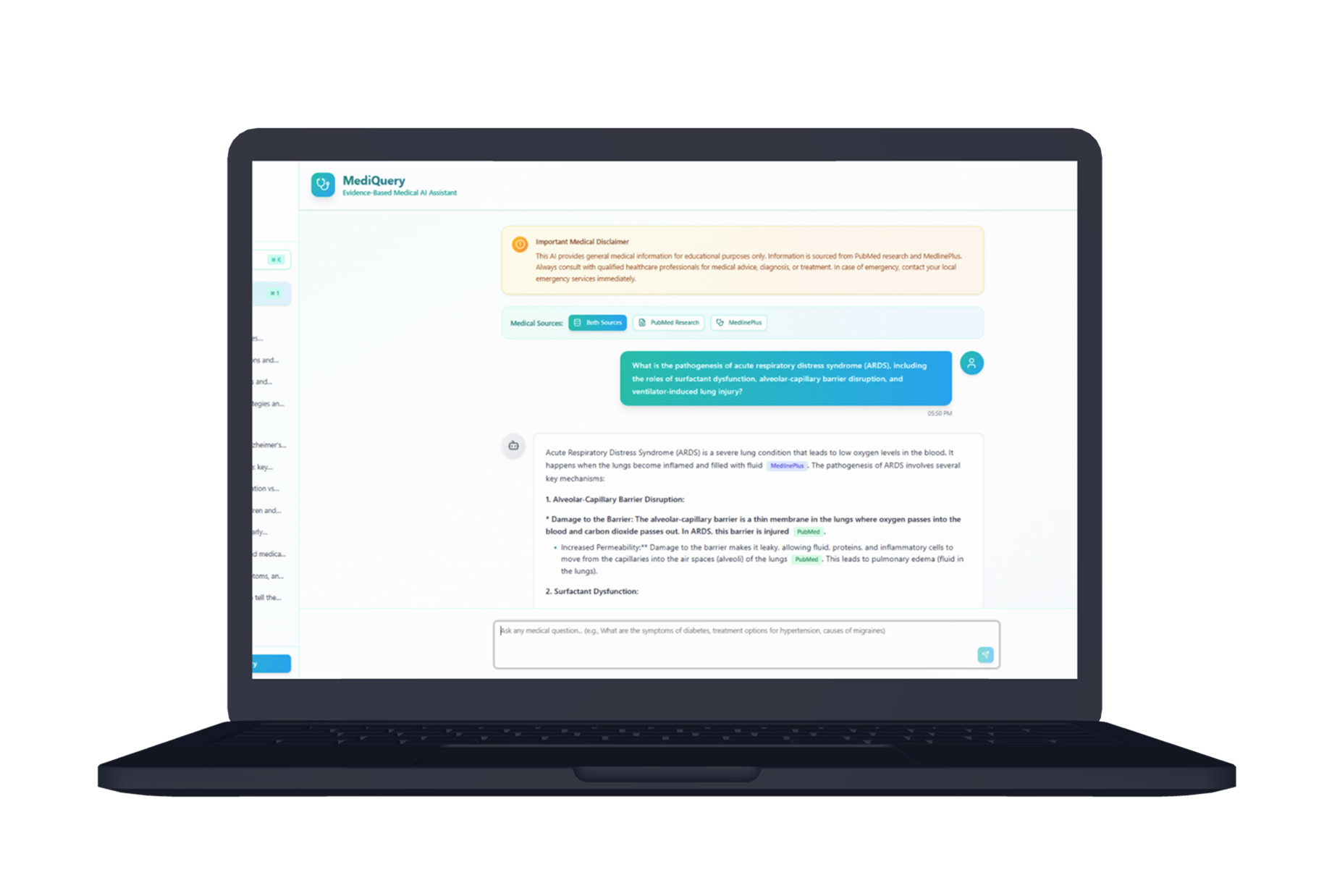 MediQuery Interface Mockup - Medical AI Assistant Dashboard